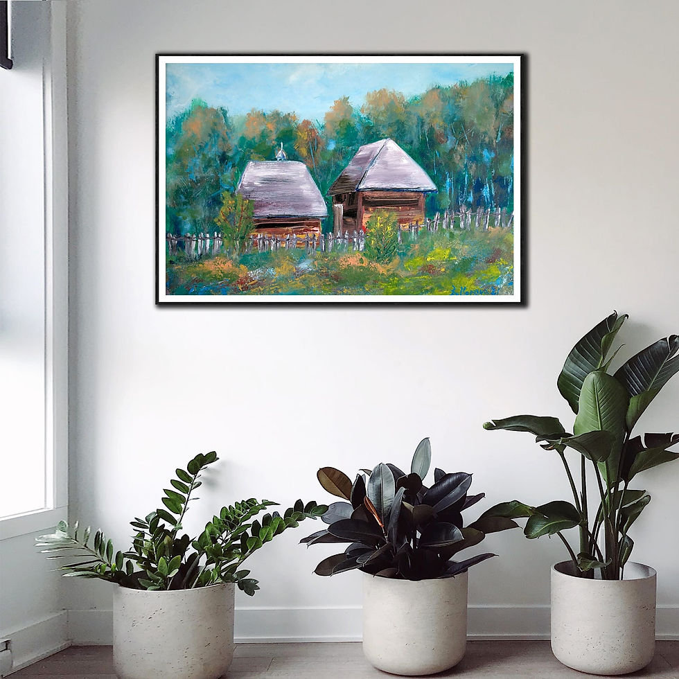 Thumbnail: Log cabins wall art print | in the forest canvas picture