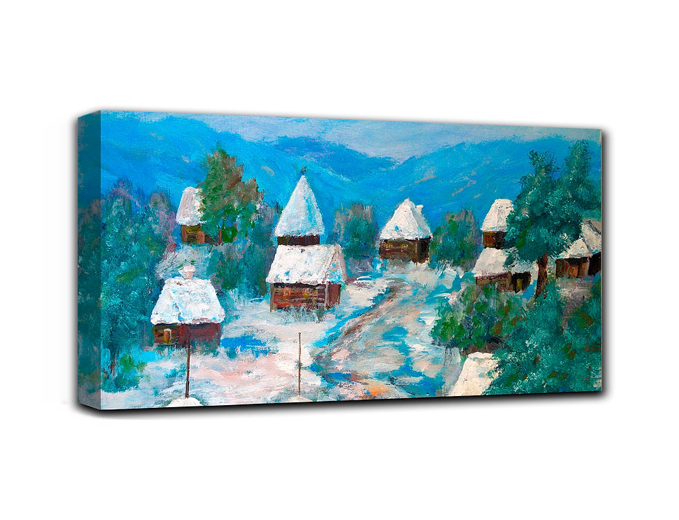 Thumbnail: Village in the snow wall art print | Winter is playing canvas picture