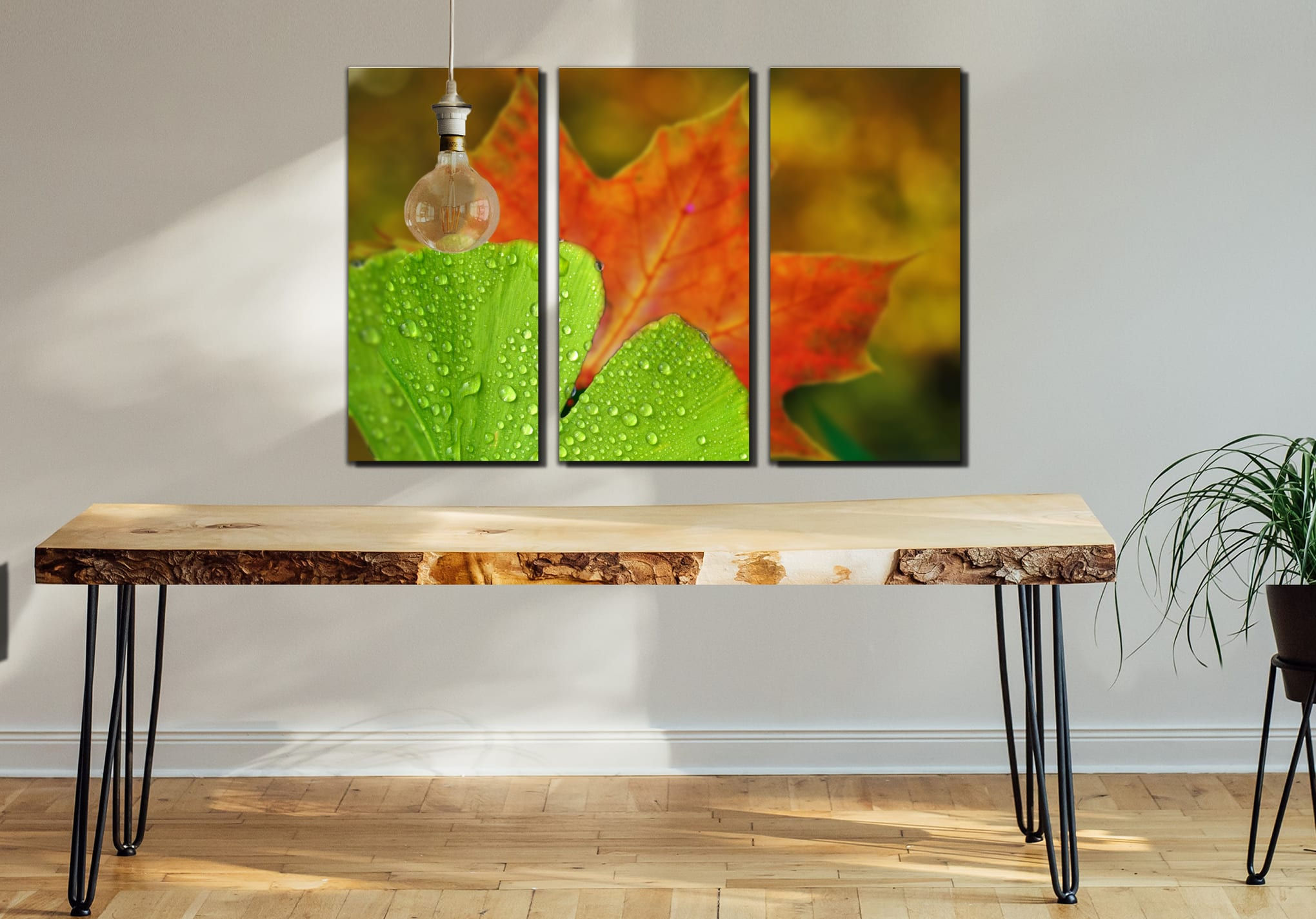 Autumn leaf wall art print | Green and yellow canvas picture