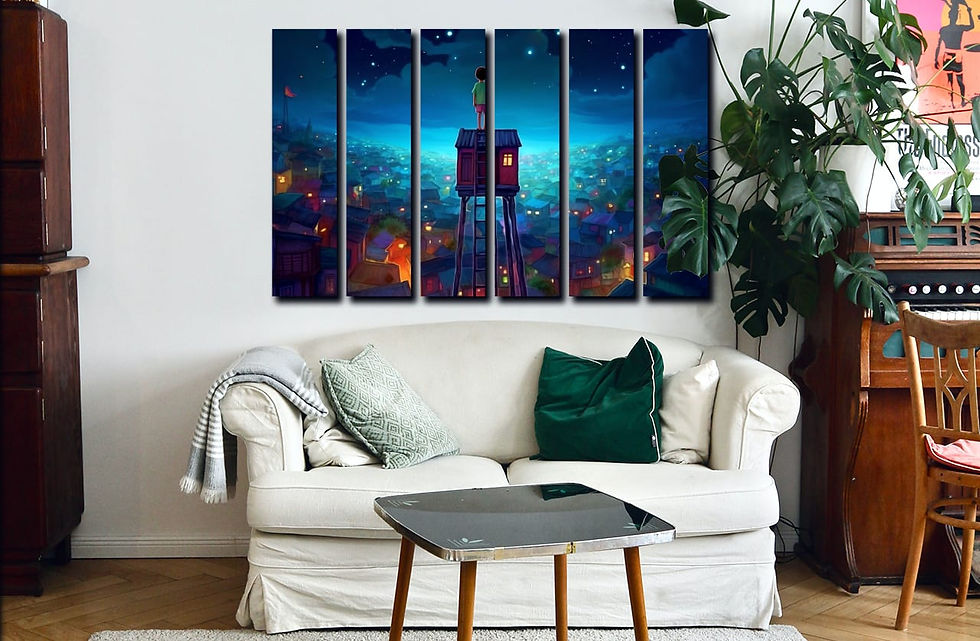Thumbnail: Magical Town with lights wall art print | Vivid Night sleepy picture