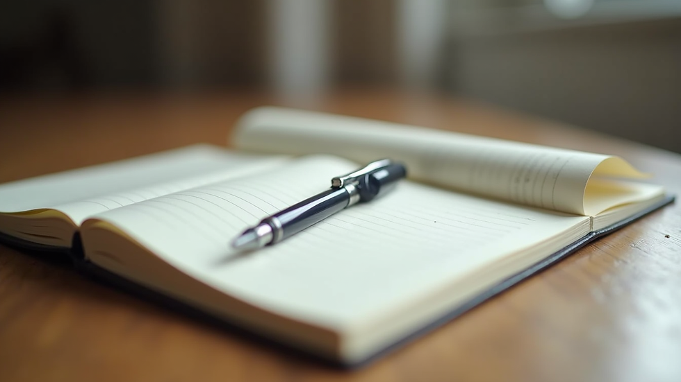 Close-up view of a journal and pen on a wooden table, ready for writing