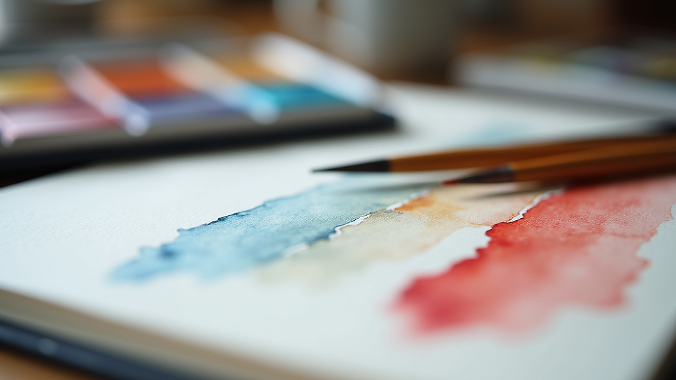 Close-up view of a sketchbook with watercolor paints and brushes