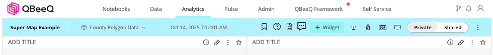 Screenshot of the QBeeQ Analytics dashboard with the Super Map Example project open and County Polygon Data selected. The top bar shows the date Oct 14 2025 7 12 01 AM along with icons for bookmarks help comments and a green Add Widget button. On the right side there is a toggle for Private and Shared views highlighting dashboard controls and sharing settings within the analytics workspace.