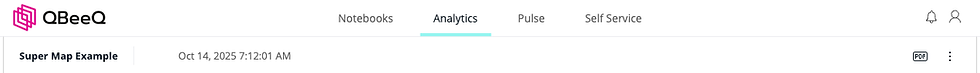 Screenshot of the QBeeQ Analytics page showing the Super Map Example dashboard with the timestamp Oct 14 2025 7 12 01 AM displayed next to the title. The top navigation includes Notebooks, Analytics, Pulse, and Self Service, with a PDF export icon and menu options on the right. This image highlights the dashboard header and date information within the QBeeQ analytics interface.