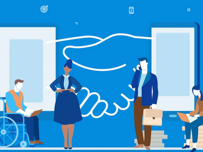 Illustration of diverse business professionals, including a person in a wheelchair and individuals using laptops, standing in front of large digital devices with a handshake graphic in the background