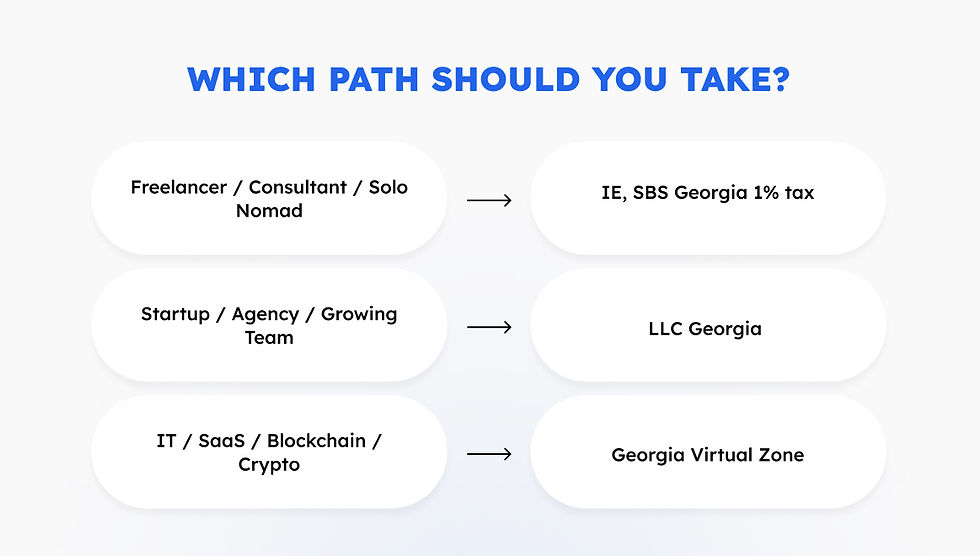 Paths to take: Freelancer to IE, SBS Georgia 1% tax; Startup to LLC Georgia; IT to Georgia Virtual Zone. Bold blue text headline.