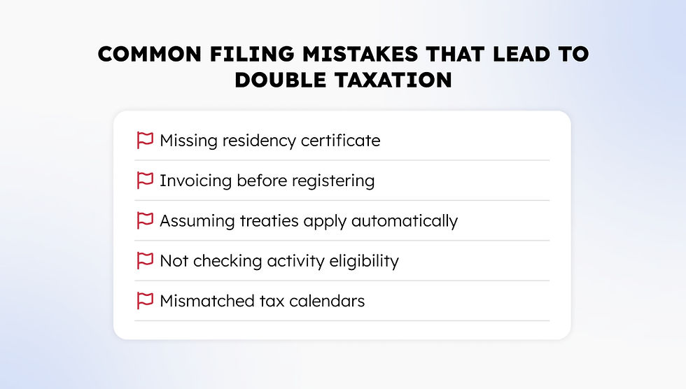 List of common filing mistakes leading to double taxation, including missing residency certificate and mismatched tax calendars.