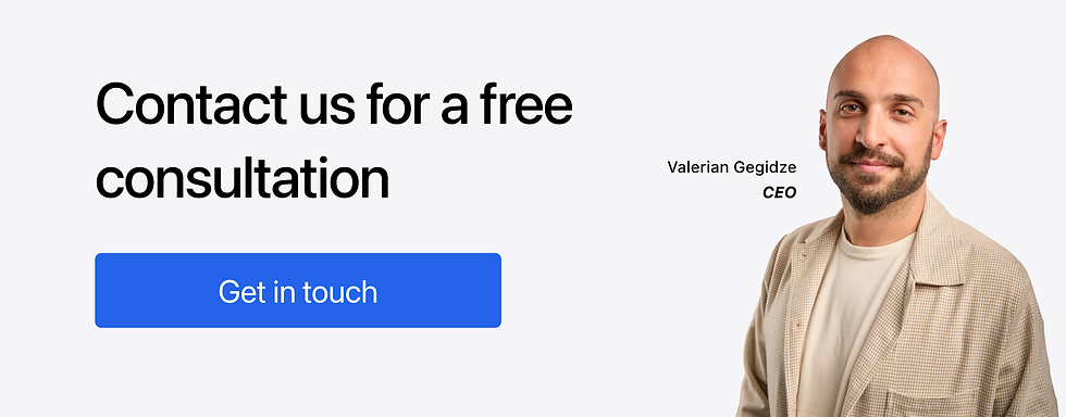 Man smiling beside text: "Contact us for a free consultation." Blue button reads "Get in touch." Name and title shown. Neutral background.