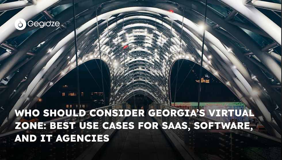 Bridge with illuminated arches at night. Text reads: "Who should consider Georgia's Virtual Zone: Best use cases for SaaS, software, and IT agencies."