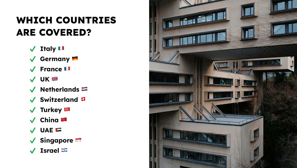 Countries list with flags and checkmarks on the left. On the right, a modern beige building with large windows and unique angles.