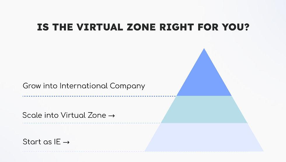 Blue triangle diagram on white background. Text: "IS THE VIRTUAL ZONE RIGHT FOR YOU?" Steps: "Start as IE," "Scale into Virtual Zone," "Grow into International Company."