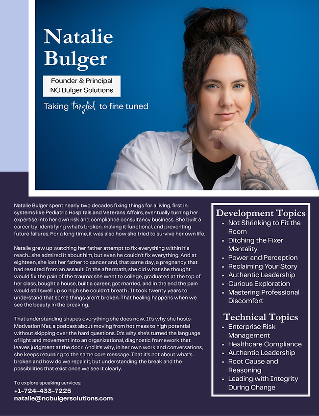 Natalie Bulger Speaker sheet including a head shot of a smiling woman with her hair in a bun listing out speaker info
