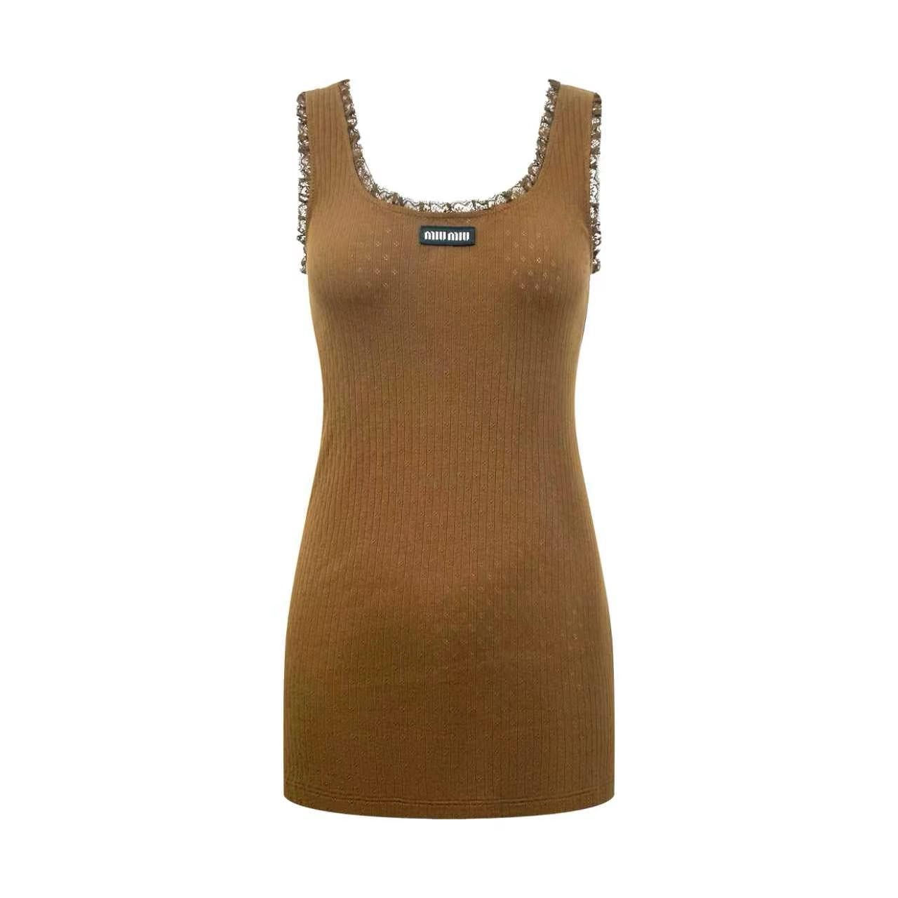 SS26 Lace-Trimmed SS26 Pointelle Cotton Tank Top in Brown