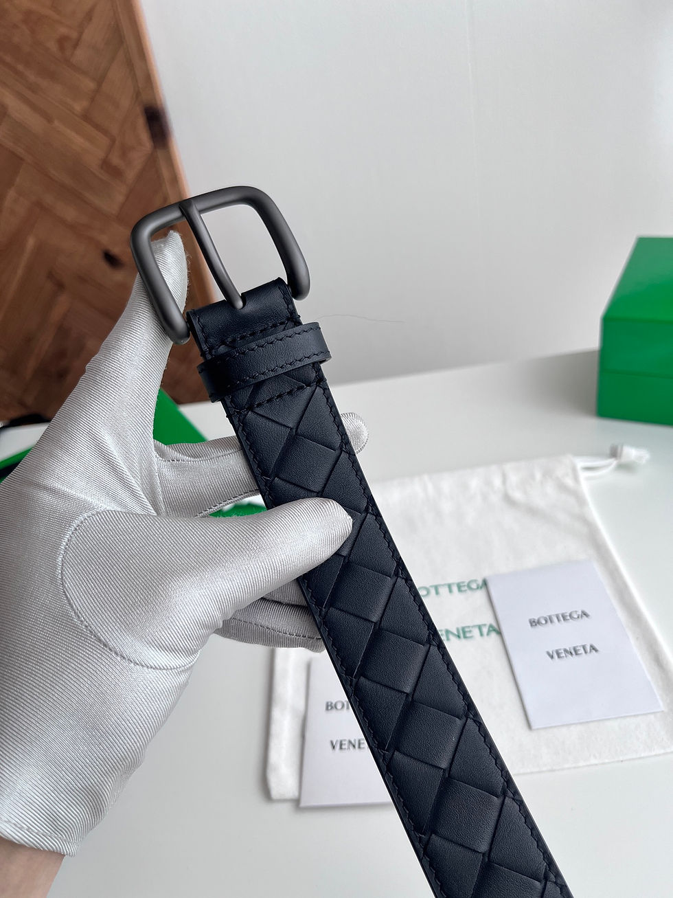 Thumbnail: BV Square Buckle Intrecciato Belt in Black