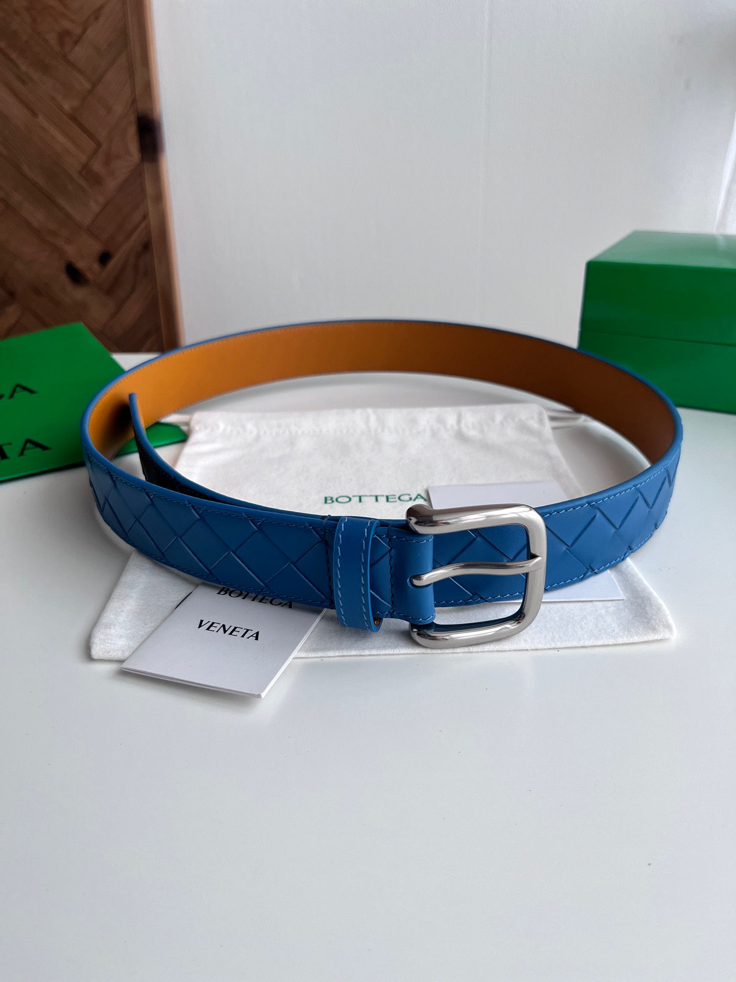 BV Square Buckle Intrecciato Belt in Blue