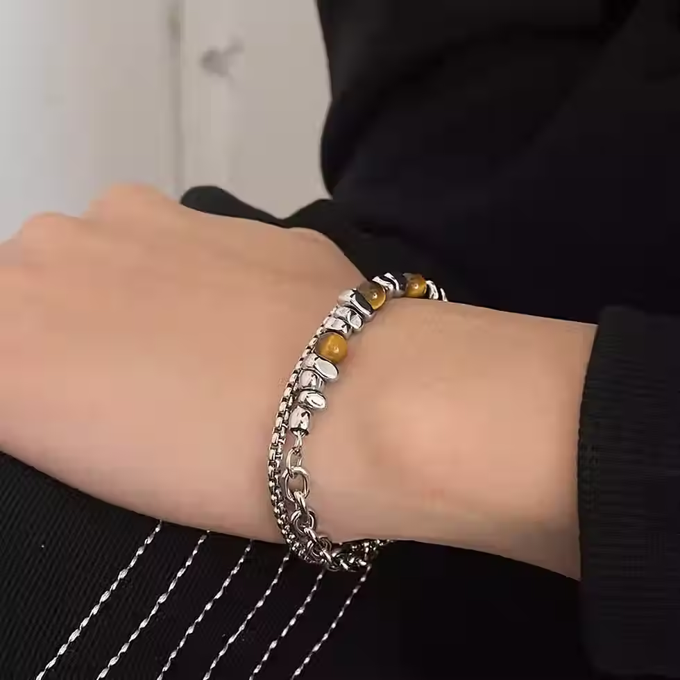 Thumbnail: Tiger Eye Bead and Chain Double Layer Bracelet