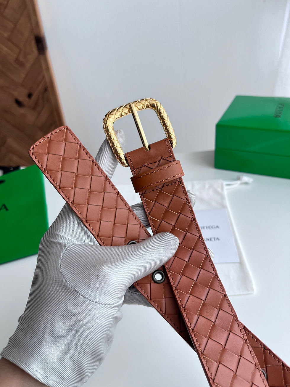 Thumbnail: BV Embossed Square Buckle Intrecciato Belt in Light Brown