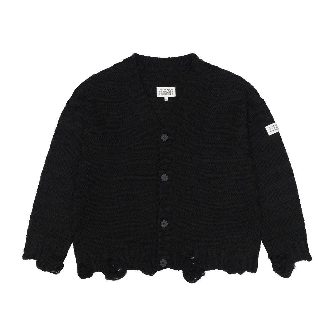 MM6 SS26 Margiela Distressed V-Neck Cardigan in Black
