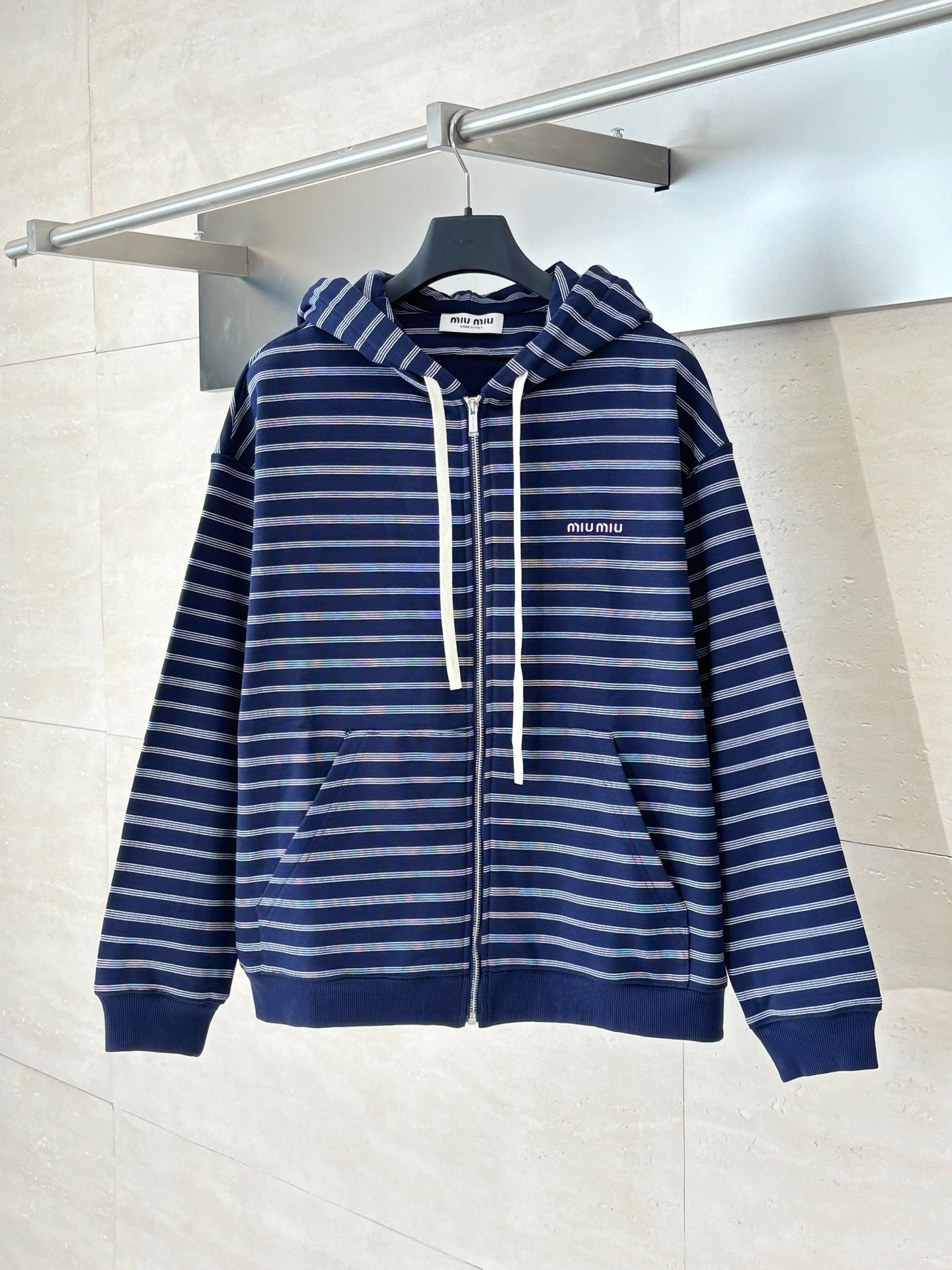 FW25 Striped Cotton Fleece Zip Hoodie in Navy