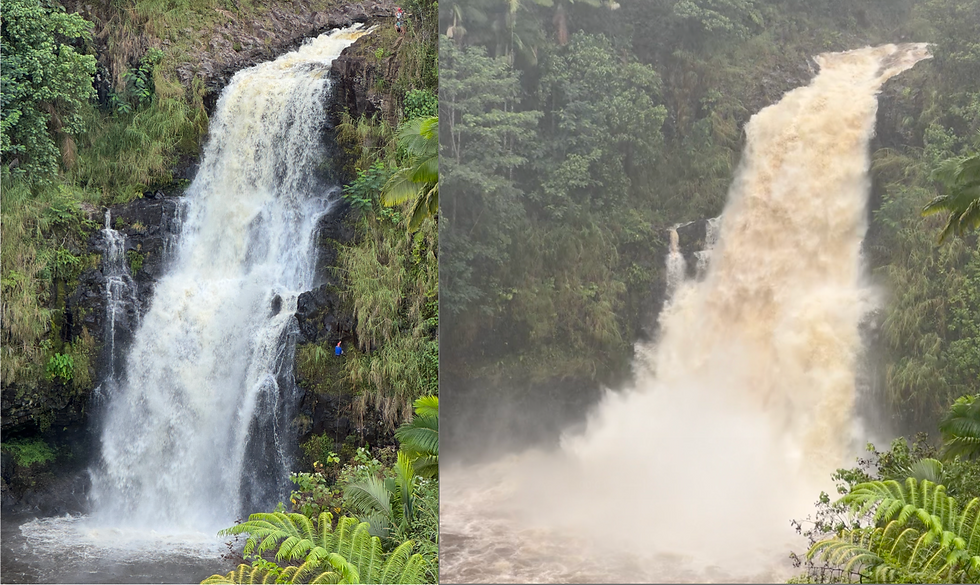 Kulaniapia falls- Normal flow and dropping (left) vs High flow and rising (right). Note the color change of the water. photos taken by the author 12 hours apart