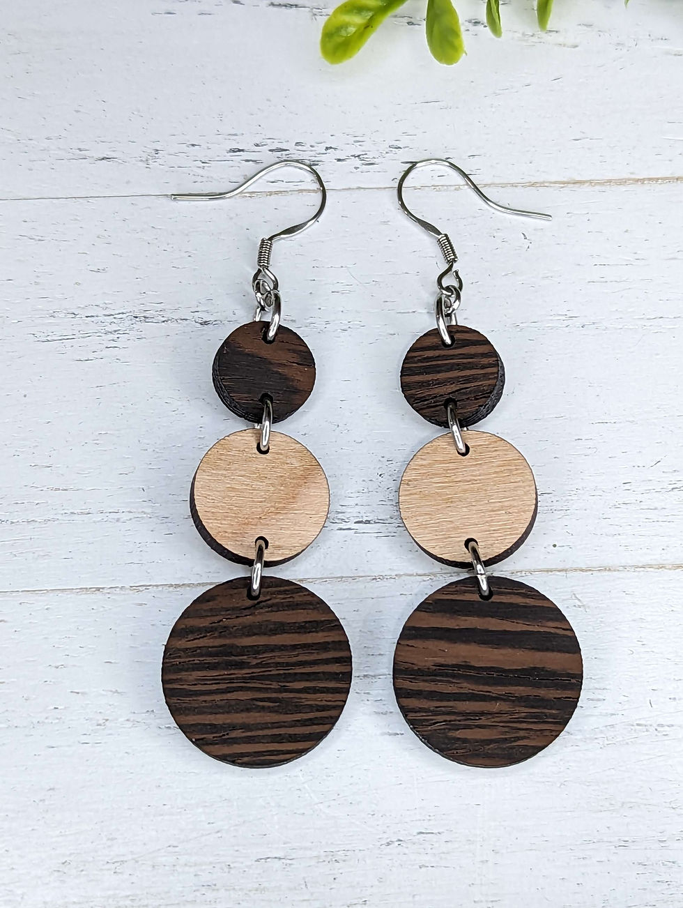 Thumbnail: Dangle wood earrings, circle dangle wood, three round wooden earrings

