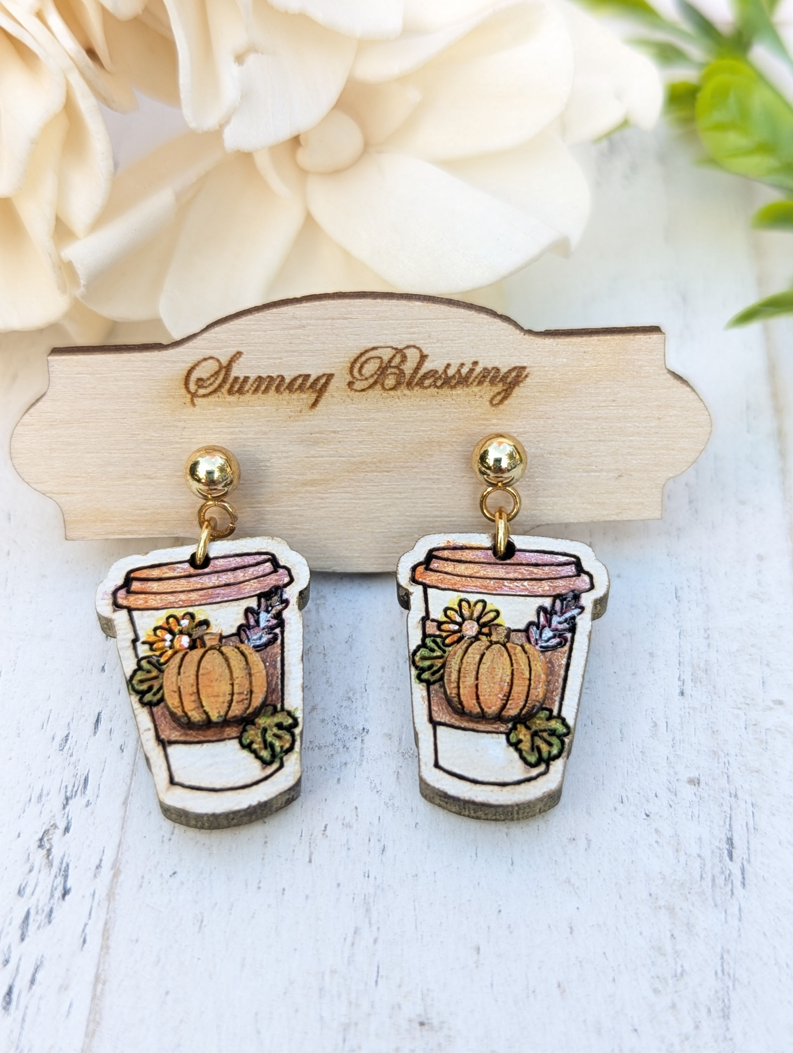 Pumpkin Spice Latte Wooden Earrings