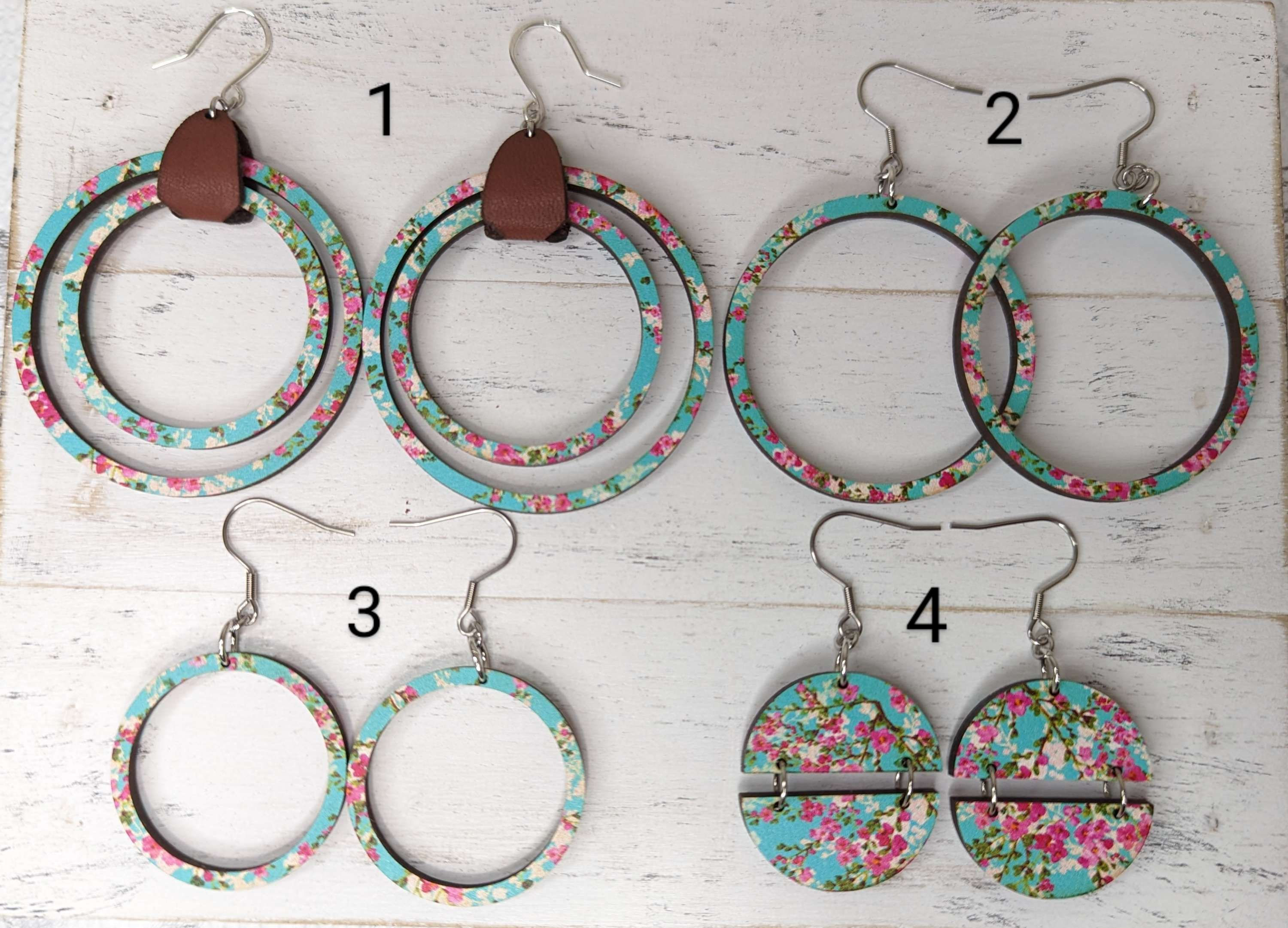 Hoop wooden earrings, flowers earrings