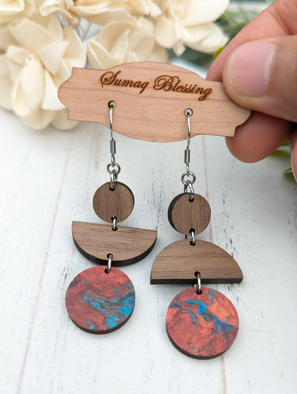 Thumbnail: Dangle Geometric Wooden Earrings