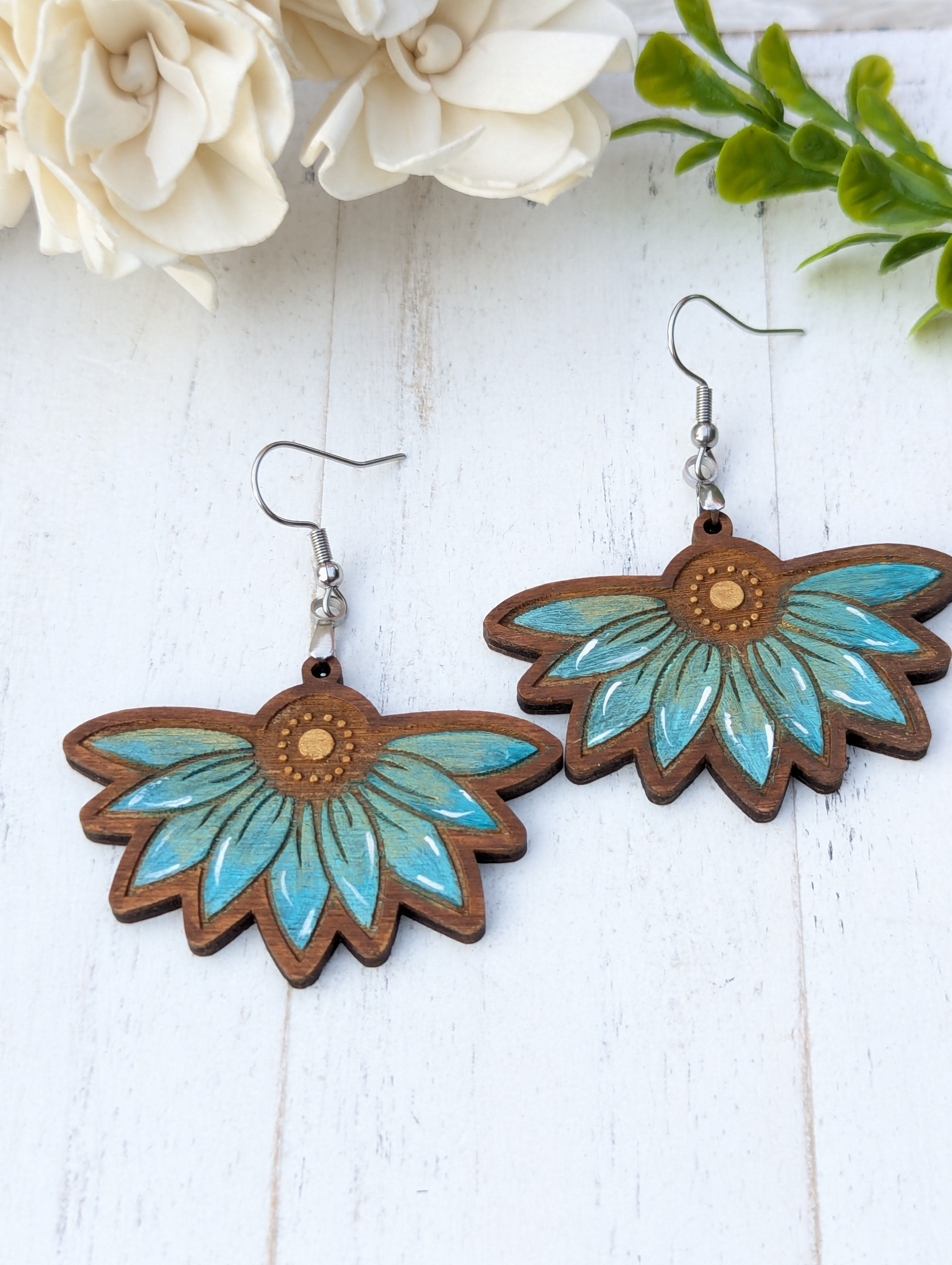 Hand-Painted Sunflower Wood Earrings