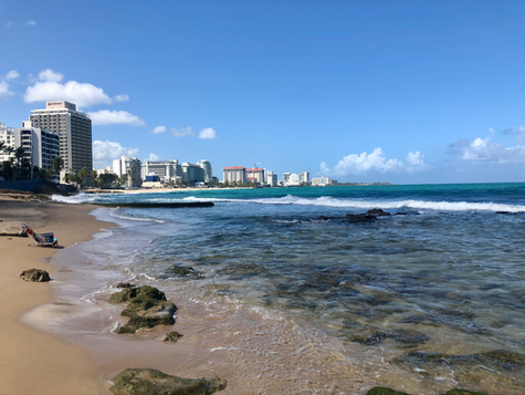 Beach and rocky shoreline facing a coastal city skyline