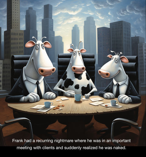 A cartoon of three cows sitting at a conference table