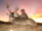 A hunter with his trophy whitetail deer at sunset