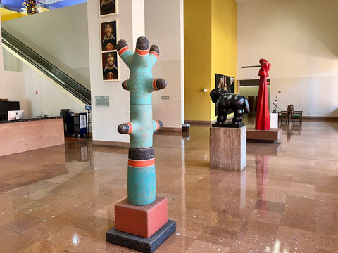 A row of abstract scuptures.