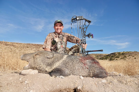A bow hunter kneels with his bow next to his javelina