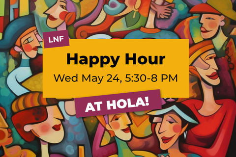 A colorful abstract crowd of people and text announcing a happy hour