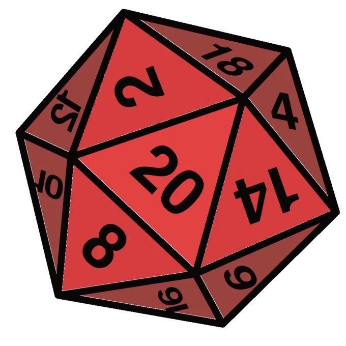 Red twenty-sided die showing the number twenty against a black background.