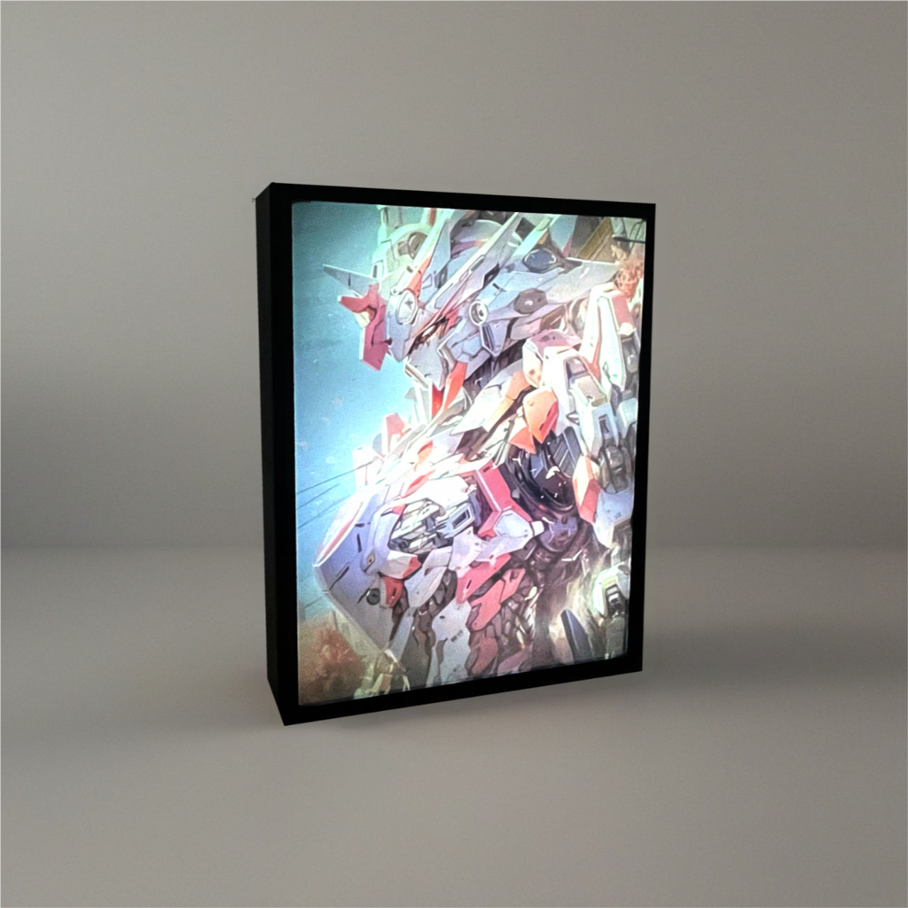 Artwork of a white, red, and blue robot framed in a black frame