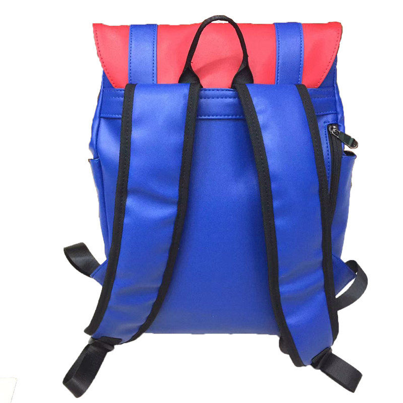 Thumbnail: Blue backpack with red top, black straps and buckles; Rebel Yell Online.
