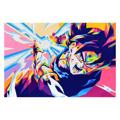 Colorful Goku art, power move in progress, bright colors, action scene