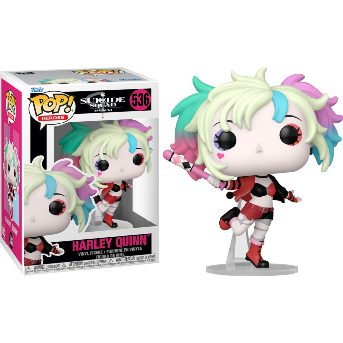 Harley Quinn figure in box and posed, with POP! and Harley Quinn text.
