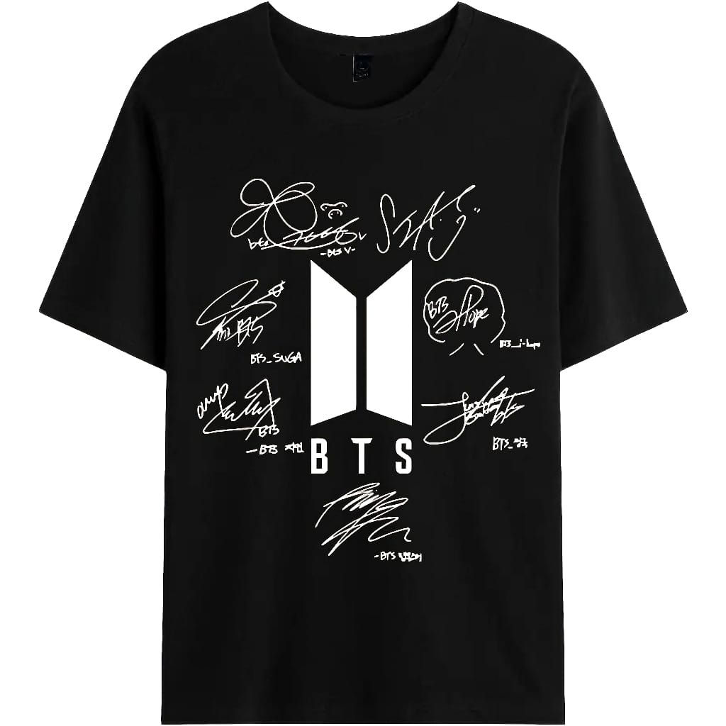 Black BTS t-shirt with white BTS logo and member signatures on front