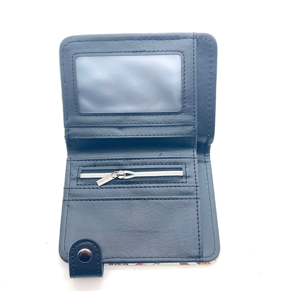 Open black wallet revealing card slots, ID window, and zipper pocket against white background.