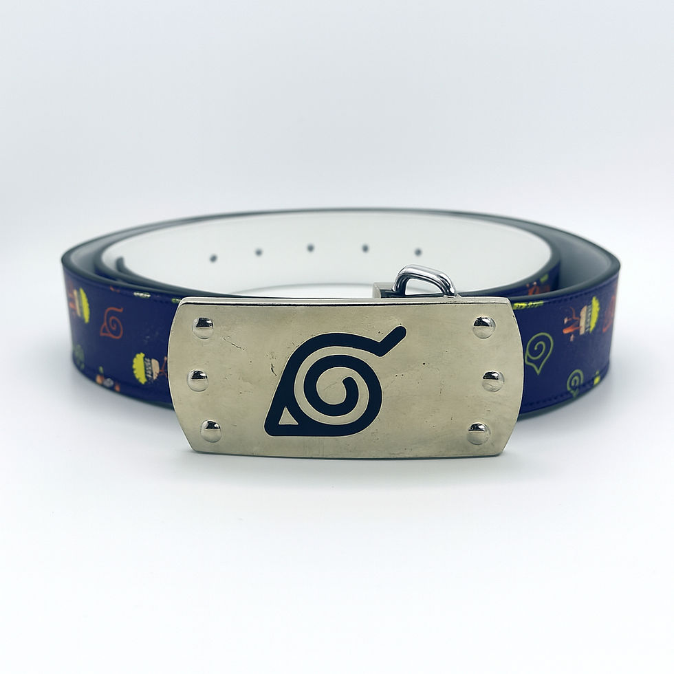 Naruto belt with Leaf Village symbol logo on buckle, blue background
