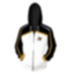 White, black and gold hoodie with N logo; Rebel Yell Online apparel.