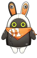 Cute bunny robot wearing orange scarf with the number 01 on it.
