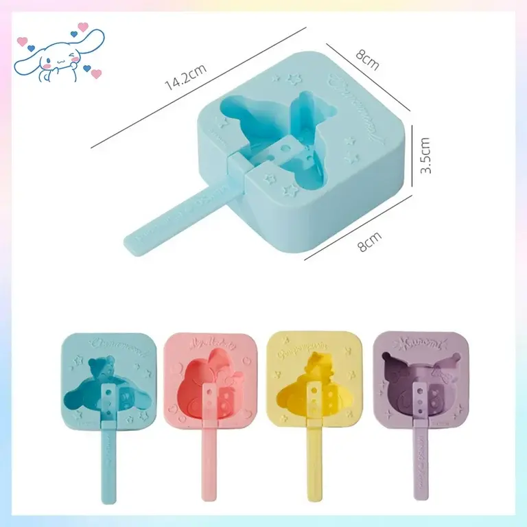 Thumbnail: Four colorful silicone molds with measurements and logo for making popsicles.