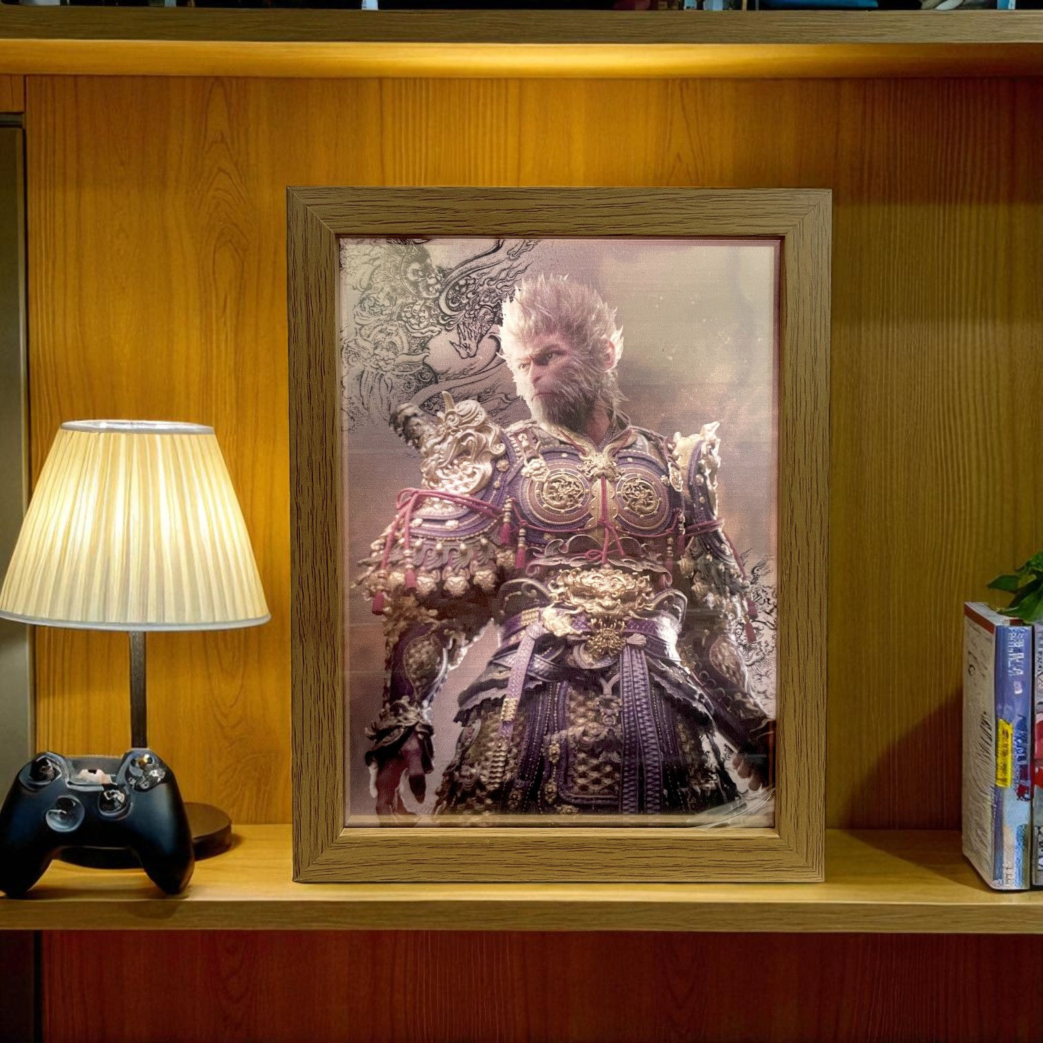 A framed picture stands on a shelf next to lamp and books