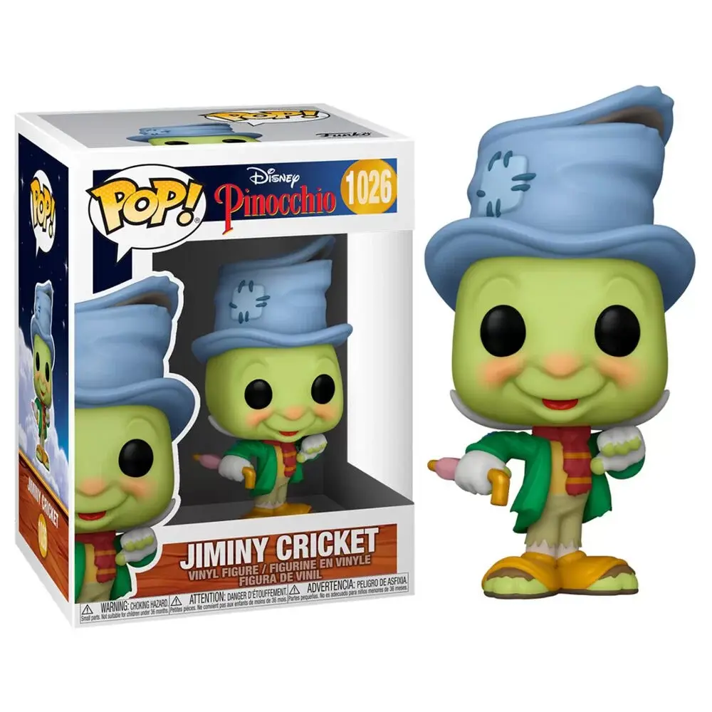 Disney Pinocchio's Jiminy Cricket Pop! Vinyl Figure smiling widely next to box