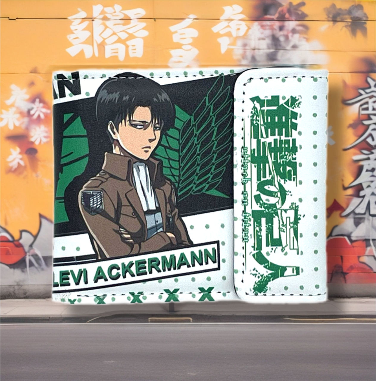 Levi Ackerman wallet with text and images, Rebel Yell Online