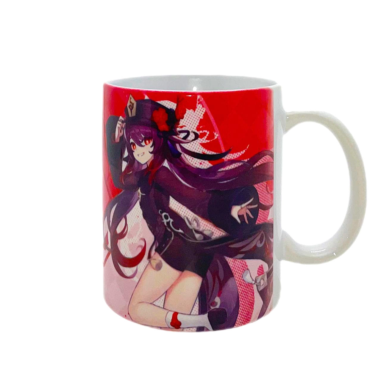 White ceramic mug with anime character artwork against a red background